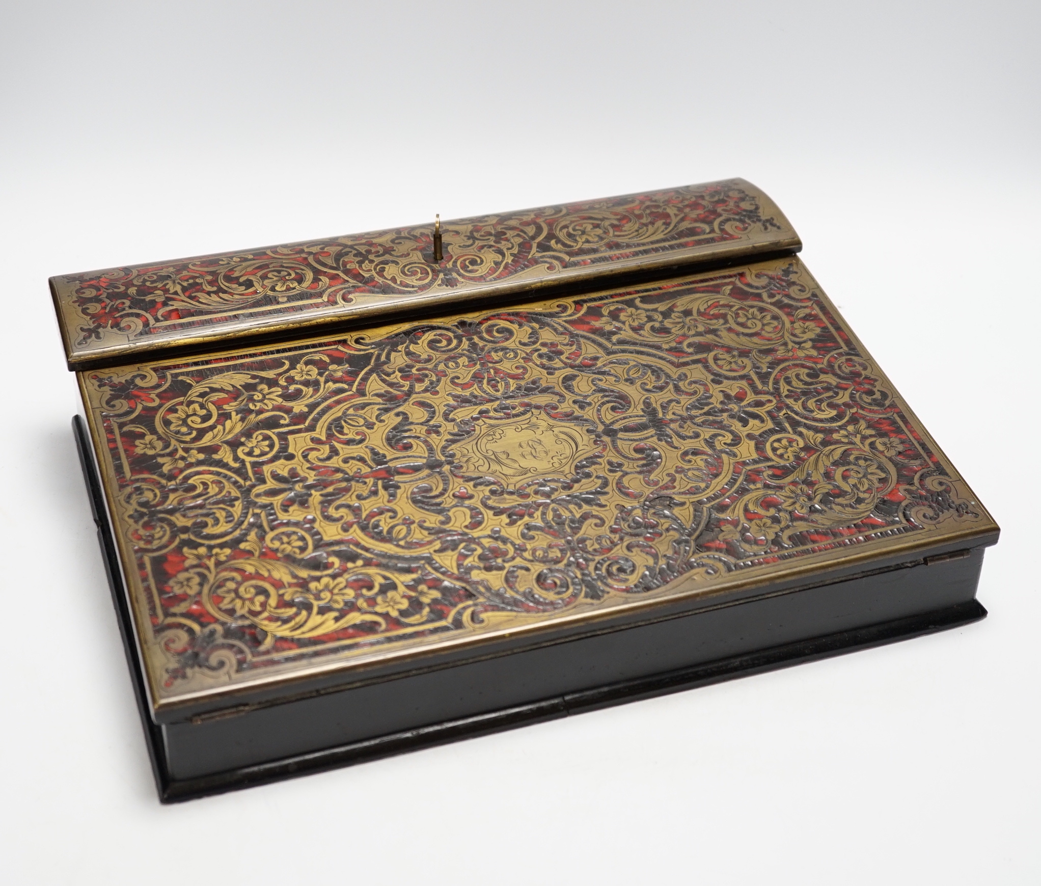 A 19th century boullework writing slope with brass inlay and maple interior, 35 x 27 x 9cm